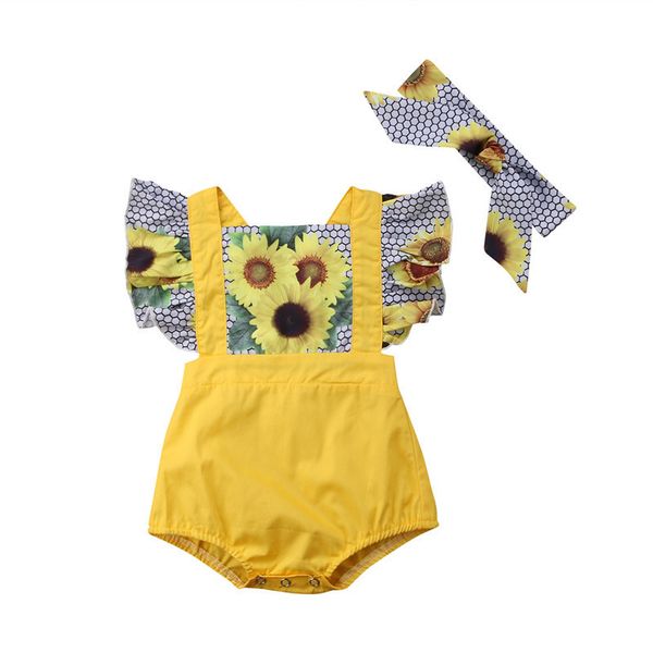 

cute newborn baby girl bodysuits summer sunflower bodysuit headwear jumpsuit sunsuit outfits set, Blue