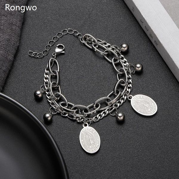 

quality stainless steel round pendant charm bracelet adjustable punk hip hop double layer bangle jewelry for man accessories, Black