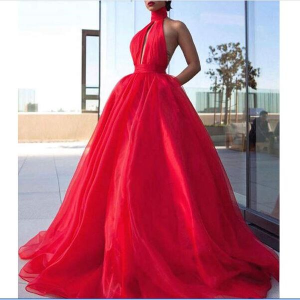 

long red prom dresses 2020 elegant high neck sleeveless plus size backless african women organza prom dress