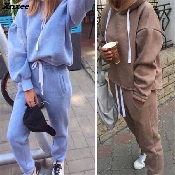 

autumn tracksuit long sleeve thicken hooded sweatshirts casual set women clothing 2 piece set +pants sporting suit female, White