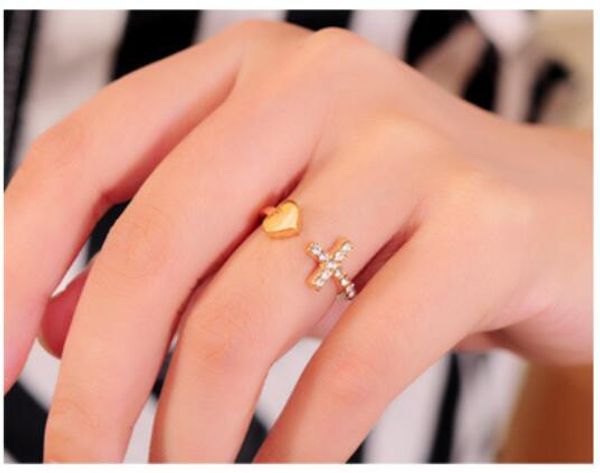 

peach heart cross crystal diamond women 's fashion trend heart ring jewelry wholesale, Silver