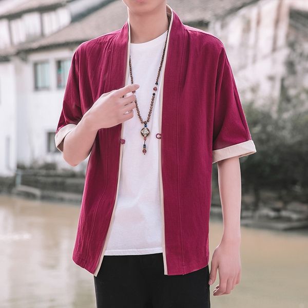 

moyi chinese style coat half sleeve men's japanese style buckle cardigan coat tang suit kimono tang suit robe kimono wide summer m125, Tan;black