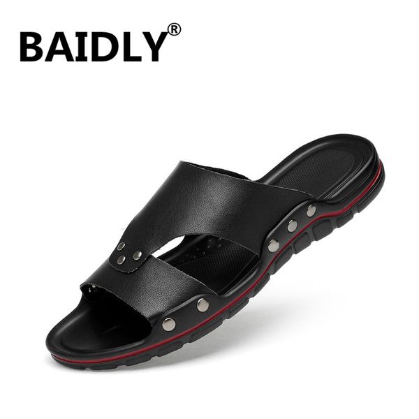 

новое прибытие лета кожа тапочка дышащий мужчины вьетнамки мужская обувь non салазки мужской handmade тапочки большой размер 45 46 47, Black