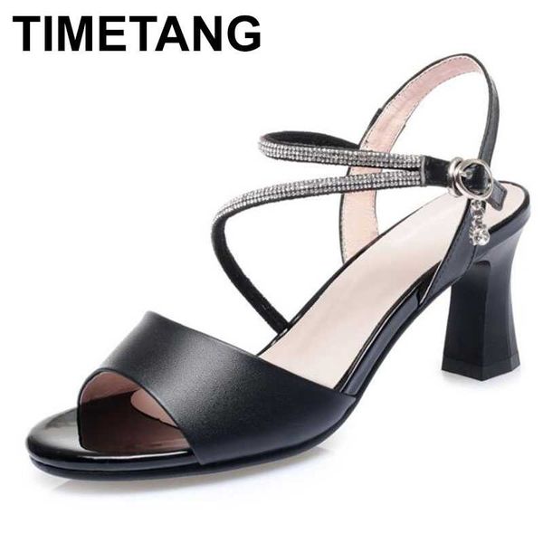 

timetang high heel sandals women 2020 summer new fashion word buckle rhinestone shoes for women big size ladies sandals dress, Black