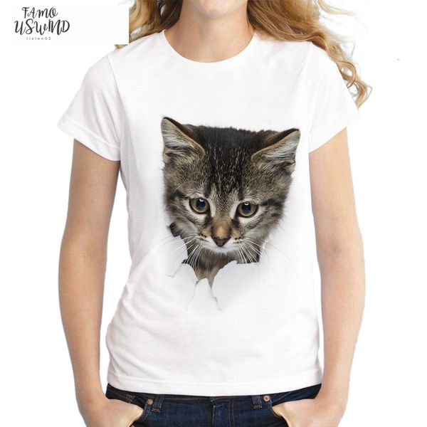 

2020 summer naughty cat 3d lovely t shirt women printing originality o neck short sleeve t shirt cap sleeve tee, White
