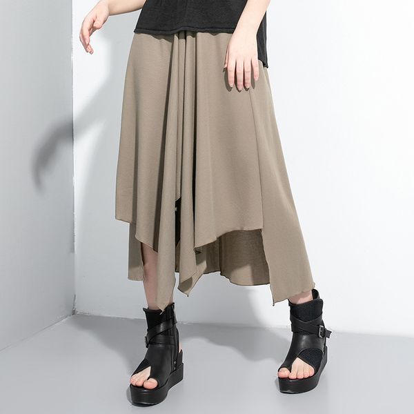

womens a line elastic high waist midi skirts plus size flare solid color irregular mid-length skirt a line all match dress, Black