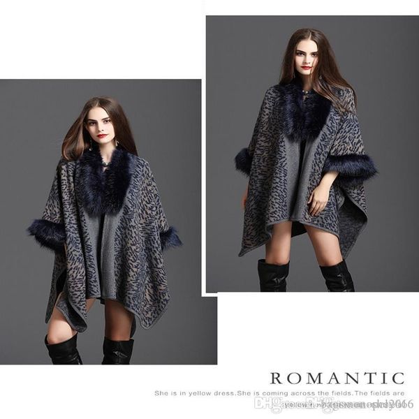 

selling winter women's designer latest lady loose casual knit shawl cloak artificial fox fur shawl cloak cardigan cloak fashion tr, Black