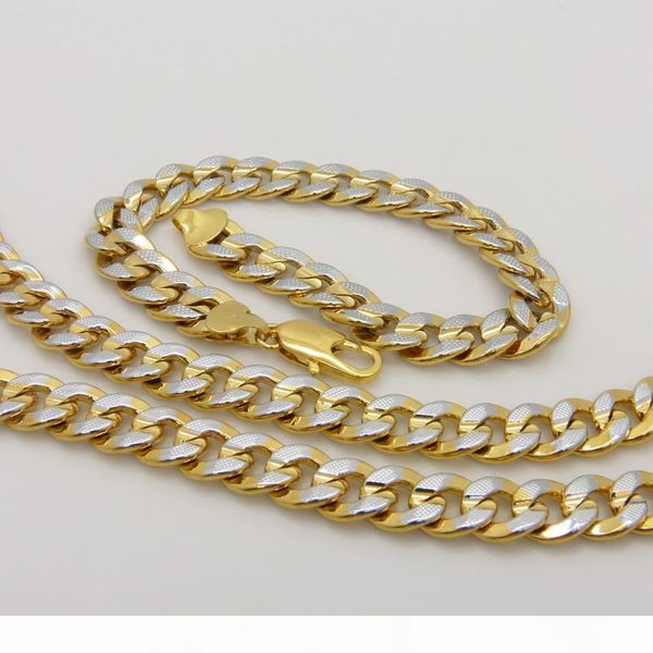 

2-tone 18k gold filled curb chain necklace bracelet jewelry set for men party birthday, Silver