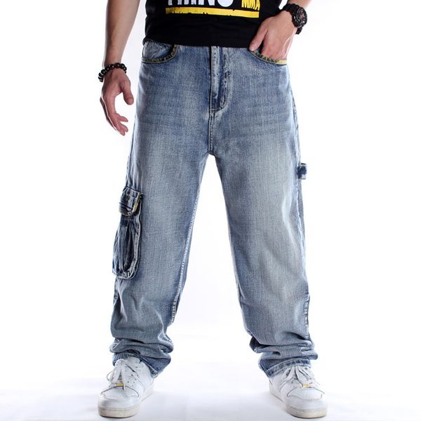 

101 european and american pocket pattern jeans loose plus size trousers men's fashion trend hip hop dance skateboard pants, Blue