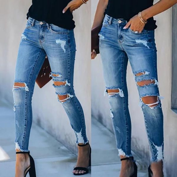 

plus size s-3xl summer hole ripped jeans women jeggings cool denim high waist skinny jeans pants pencil trousers blue#j3, Blue
