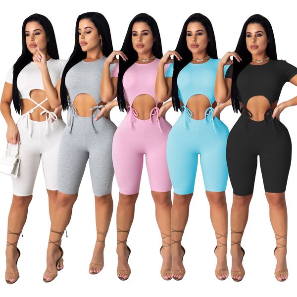 

women summer bodycon jumpsuits one piece outfits unique design bandage front hollow out short pants romper, Black;white