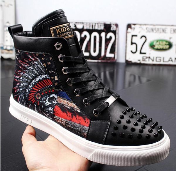 

new style luxury men's high hip-hop casual shoes men black fashion rivets shoes italy fashion leisure folding driving loafers