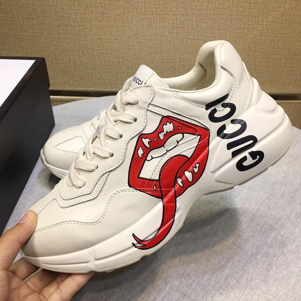 

new mens rhyton sneaker with mouth print mens shoes vintage comfortable luxury shoes low lace -up men shoes fast delivery, Black