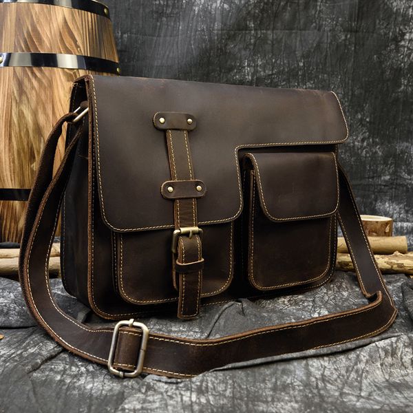 

luufan mens vintage crazy horse leather messenger bag genuine leather shoulder bag with big front pocket school