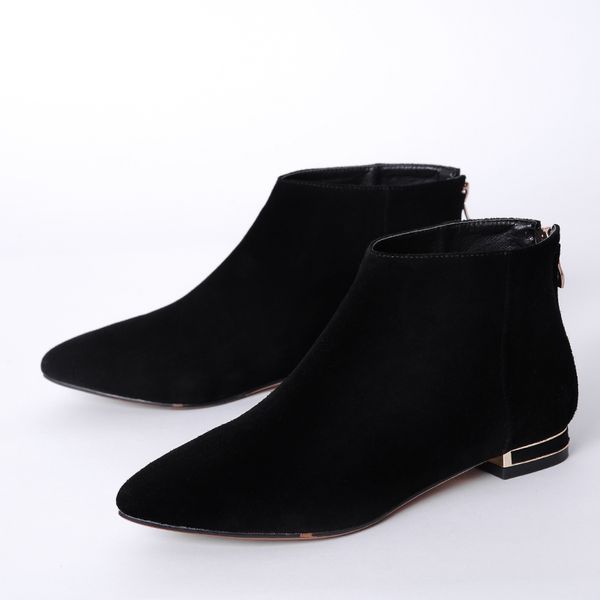 

women genuine suede leather pointed toe flats autumn ankle brand designer leisure comfortable short booties shoes women cs07, Black