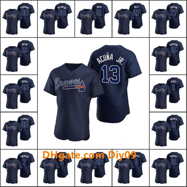 

atlanta braves 13 ronald acuna jr 5 freddie an 3 dale murphy men women youth navy custom authentic 2020 alternate jersey, Black