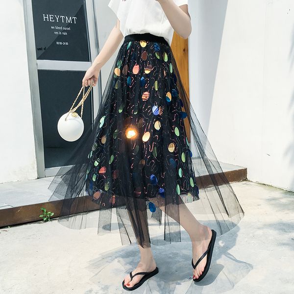 

summer skirts 2020 korean high street rave style plus size women high elastic waist reflective black sequin tulle long skirt