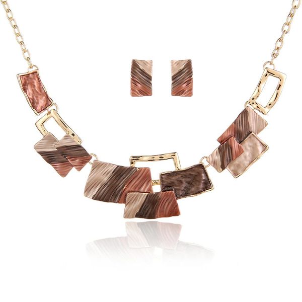 

jewelry set charming brown enamel necklace earrings set dubai gold color square stripe jewelry sets for women wedding dress, Silver