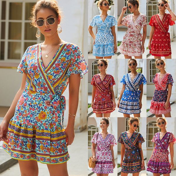 

women dresses fashion summer new style dresses print luxury women designer v-neck bohemian print dresses, Black;gray