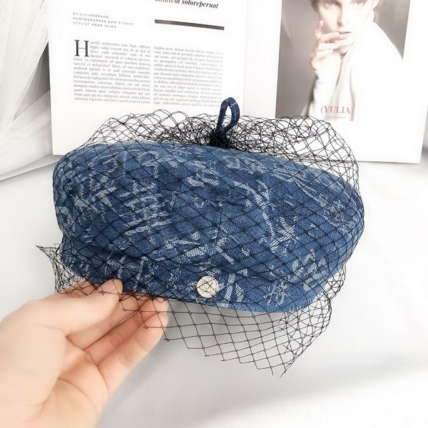 

4cldx 2019 designer's hundred family name printing denim mesh beret women's new hua jia mao hua jia mao beret painter cap fashion, Blue;gray