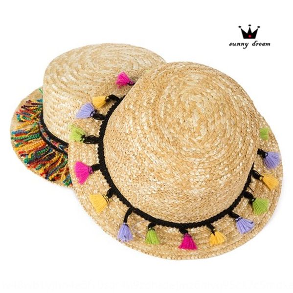 

parent-child handmade colorful tassel straw beach sun large flat cap straw hat flat cap eaves sun hat, Blue;gray