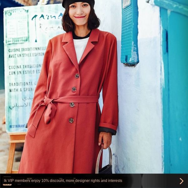 

mopji k019 autumn new solid color mori women's style single-breasted waist-tight classic temperament straight windbreaker coat coat lon, Tan;black