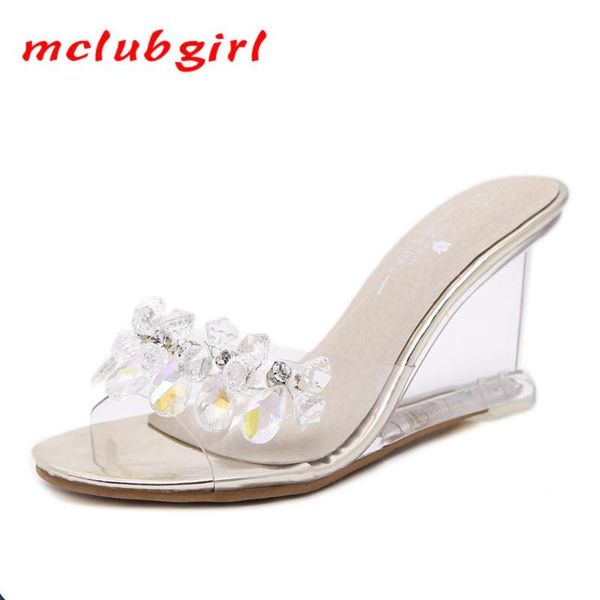 

mclubgirl women crystal slipper wedge sandals female crystal transparent high heels rhinestone wedge sandals lfd, Black