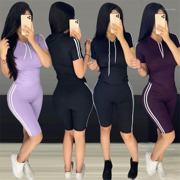 

clothing sets women summer tracksuits designer high waist striped 2pcs running suits pullover hooded shorts, Gray