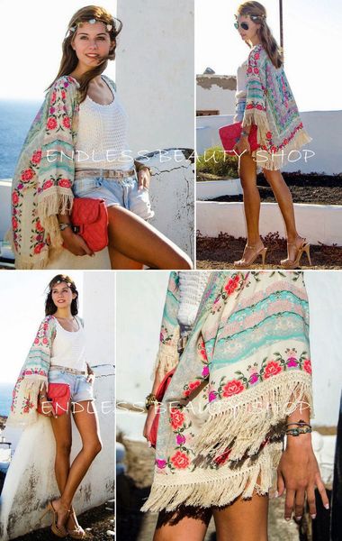 

womens clothing petal sleeve new fashion women boho fringe floral kimono cardigan tassels beach cover up cape jacket, White