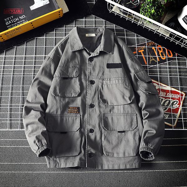 

spring autumn loose 2020 stand mens coats and jackets windbreaker outwear men multi-pocket tooling jacket 5xl, Black;brown