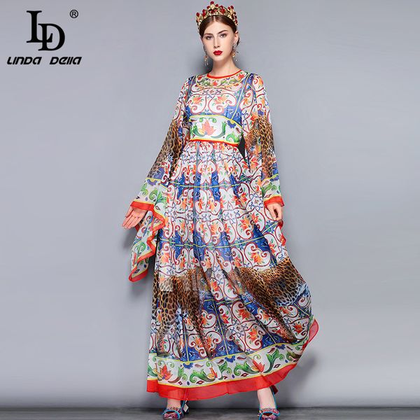 

ld linda della fashion runway maxi платье 5xl плюс размер женщин сыпучие flare рукавом животных шаблон цветочные печати урожай длинное плать, Black;gray