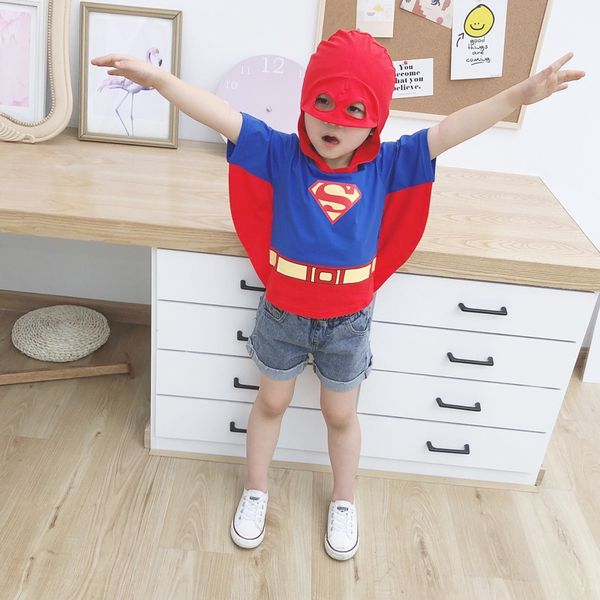 

children's 2020 cartoon children's super hero t-shirt boys short t-shirt scarf headscarf sleeved hooded top, Blue