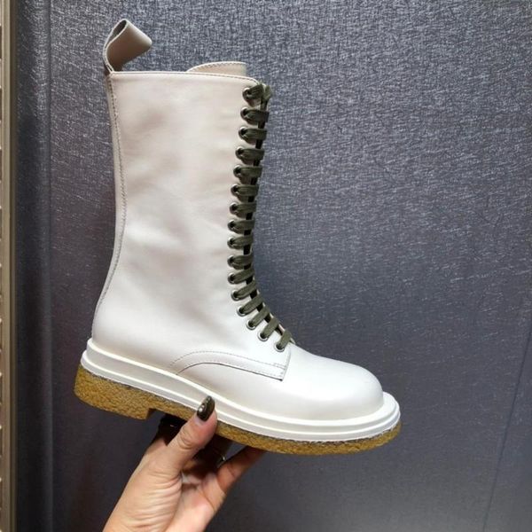 

women's shoes leather thick soled medium tube women's boots retro british style lace up side zipper shows thin, Black