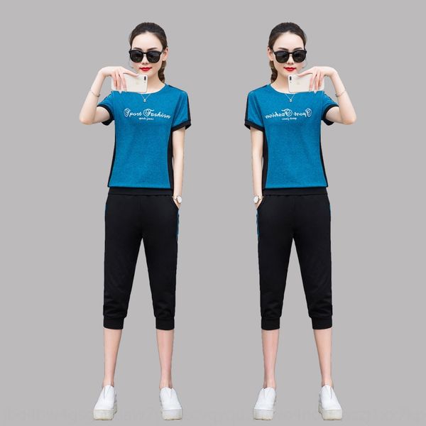 

dnlzp casual sports sportswear sportswear suit women's korean-style slim-fit short-sleeved capri pants two-piece loose large size sport, White;black