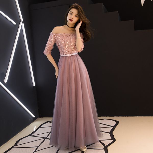

elegant bling sequined evening party dress gown lady patchwork off the shoulder maxi dresses 2020 new banquet dress xs-xxxl, Red