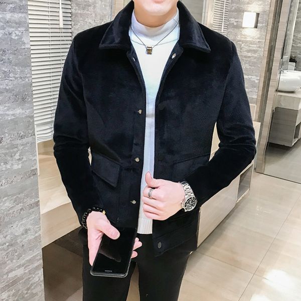 

cf2m2 autumn and winter solid color korean style slim woolen trench short windbreaker wool coat wool fashion woolen trendy men, Tan;black