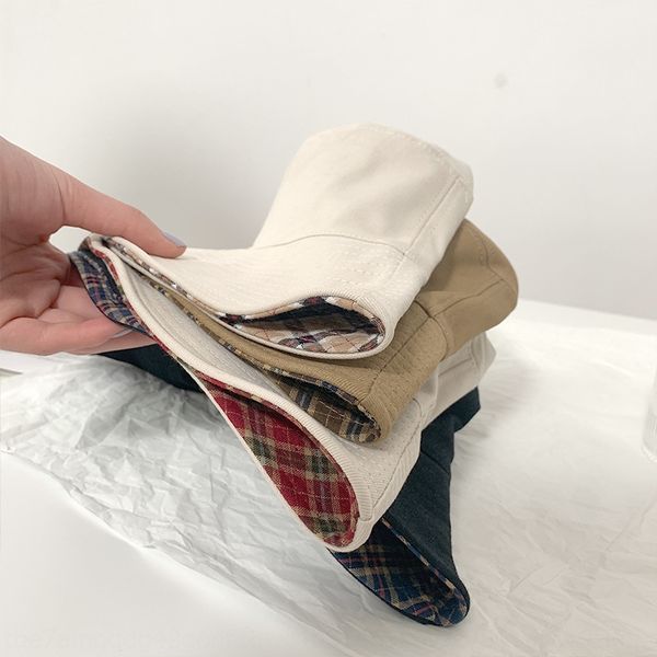 

aljnw new canvas summer casual big edge basin concave shape solid color + plaid shade double-sided fisherman female fisherman sun hat sun ha, Blue;gray