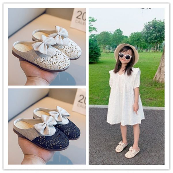 

korean style big bow girl 2020 straw little girl children outdoor slippers and sandals slippers sandals, Black;grey