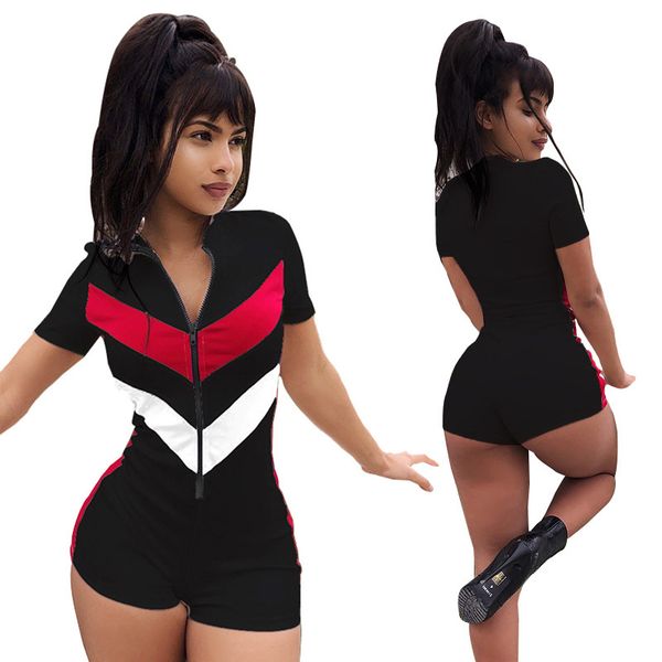 

zoctuo zipper playsuit for women short sleeve patchwork color shorts romper playsuit casual black blue white women jumpsuit, Black;white