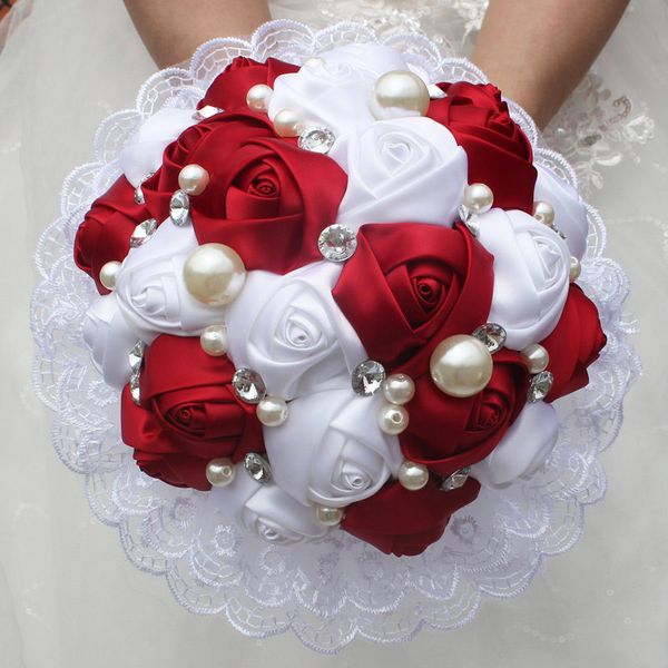 

silk rose pearls beaded wine red wedding flowers bridal bouquets romantic lace wedding bridesmaid bouquet flowers w239-2