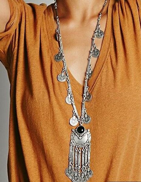 

turkey bohemian black blue stone ethnic coin tassel necklace turkish gypsy boho beach choker bib india necklace for women, Silver