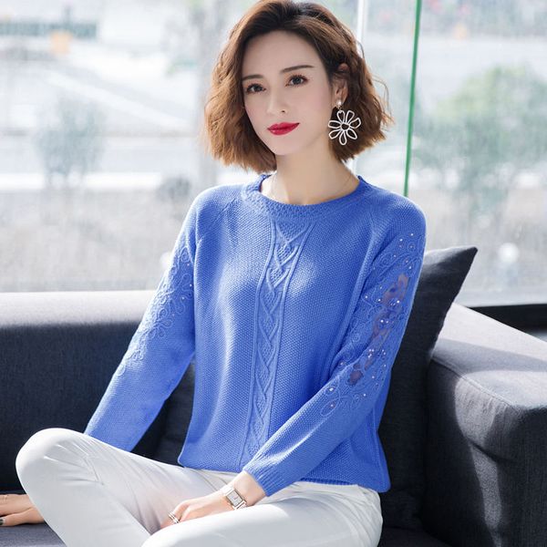 

women's sweaters 2021 fashion women lace hollow out patchwork solid office wear elegant casual daily o-neck long sleeve autumn h255, White;black