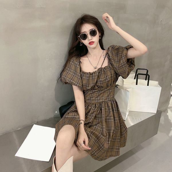 

women dresses french retro puff sleeve skirt 2020 summer high waist square collar waist temperament slim plaid dress women, White;black