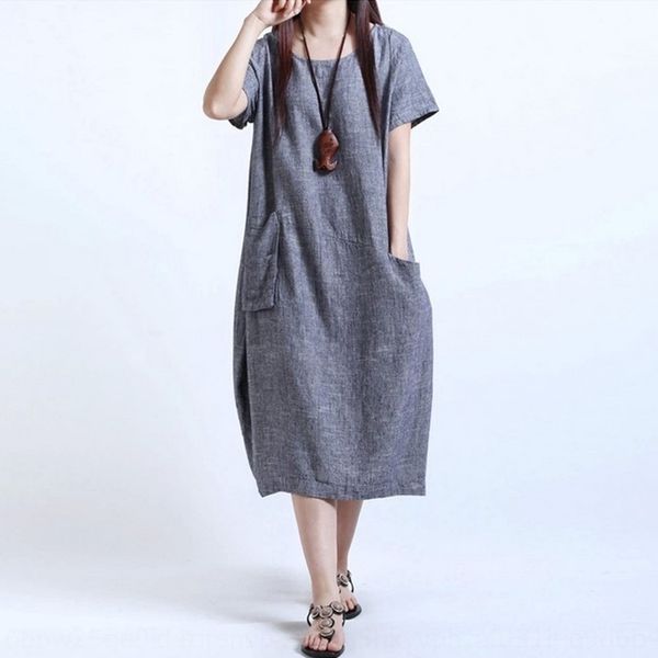 

and women's clothing new dress cotton linen cotton linen fat sister loose pocket mid-length dress 9490 blue, Black;gray