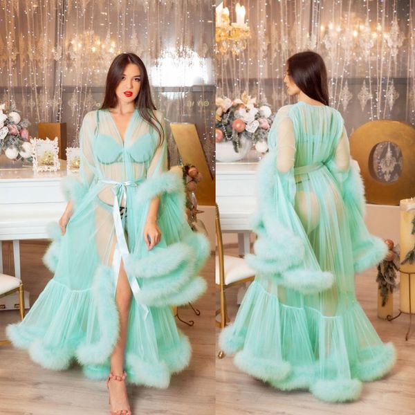 Fotografia de casamento Tamanho Bright Green vestidos de casamento para meninas mangas compridas pele do falso A linha vestidos de noiva Além disso,