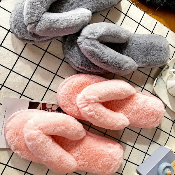 

flip flops women winter home slippers fluffy plush slipper warm cotton indoor floor non-slip soft comfortable sweat flat shoes, Black