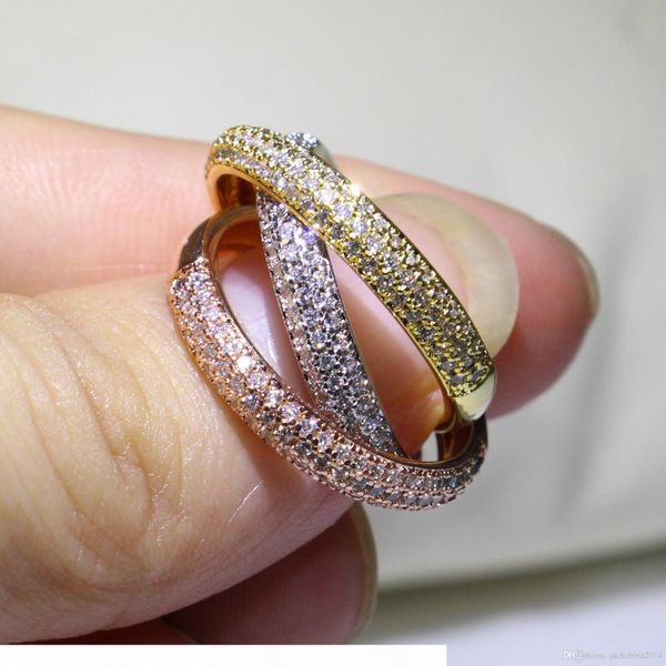 

l triple circles gold rose gold silver ring three colors luxury jewelry 925 silver pave cz ring women wedding finger rings for lovers g, Slivery;golden