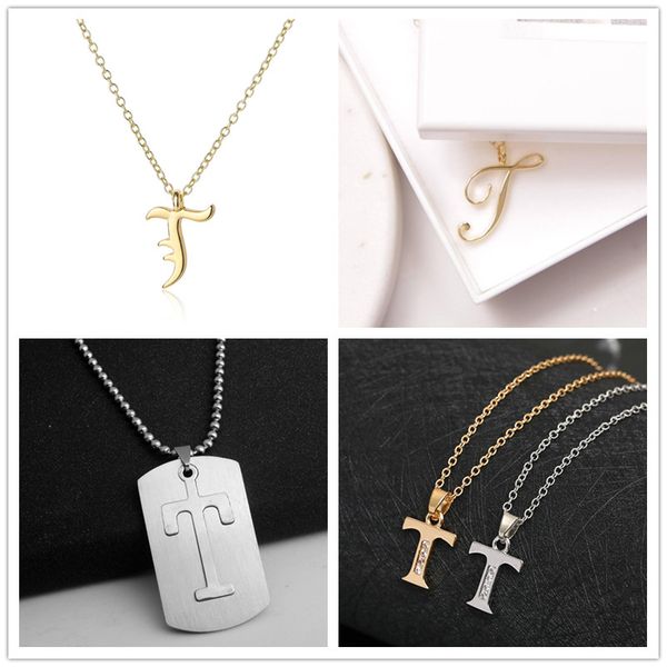

letter -t stainless steel alloy alphabet name pendant necklace initial monogram america english word sign chain lucky woman mother men', Silver