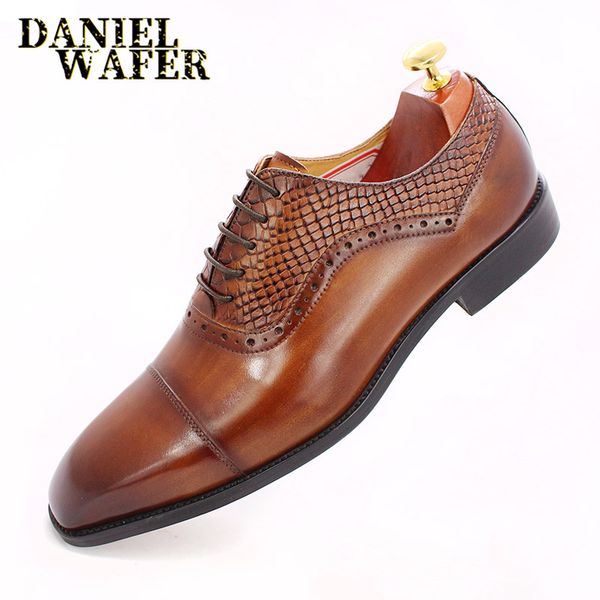 

luxury oxford men dress shoes classic snake prints square toe cap toe brown lace up wedding office formal men's leather shoes, Black