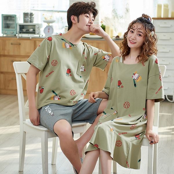 

askmn couple's cotton short-sleeved nightgown wo cute korean style home suit couple's pajamas cotton pajamas short-sleeved men&#03, Blue;red
